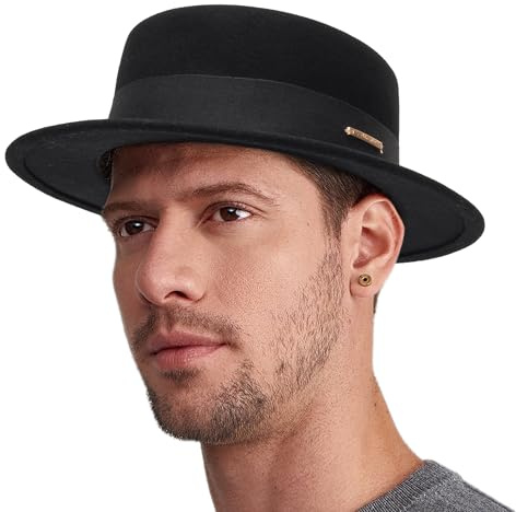 Unisex Klassische Wollmütze Porkpie Filz Porkpie Flat Top Fedora Derby Kirche Hut Bootsfahrer Bowler, Schwarz, M