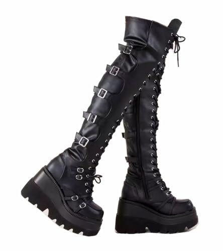 Gothniero Stivali neri con plateau, sopra il ginocchio, alti fino alla coscia, stivali gotici da donna, con tacco grosso, stivali da moto con fibbie, zip laterale, stivali in pizzo, taglia 36-42, Nero