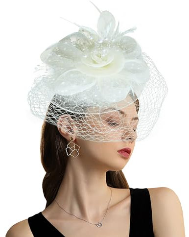 Focupaja Fascinator Hüte Damen Pillbox Hut mit Mesh Schleier Federn Derby Stirnband Hochzeit Kopfbedeckung Tea Party Haarspange 1950er Vintage Fascinator W4-48-Beige