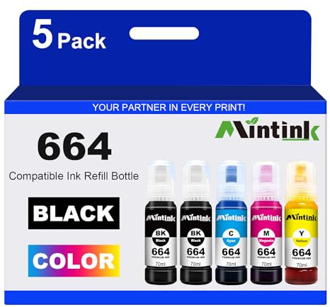Compatible Epson 664 Ink Refill Bottles for Epson Printer ET-2650 ET-2550 ET-16500 ET-4500 ET-4550 ET-3600 ET-2600 ET-4550 Ink (Black, Cyan, Magenta, Yellow, 5 Pack)