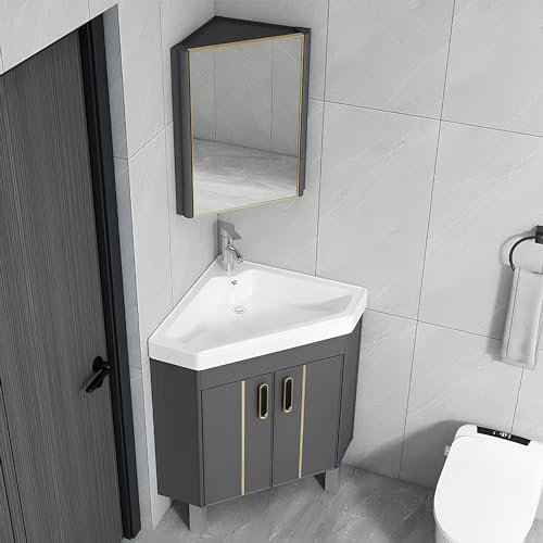 Eckwaschbecken, Badezimmer-waschtischunterschrank mit Keramikwaschbecken und Spiegelschrank, Bodenstehendes Badezimmer-waschtisch-Set für Kleine Räume