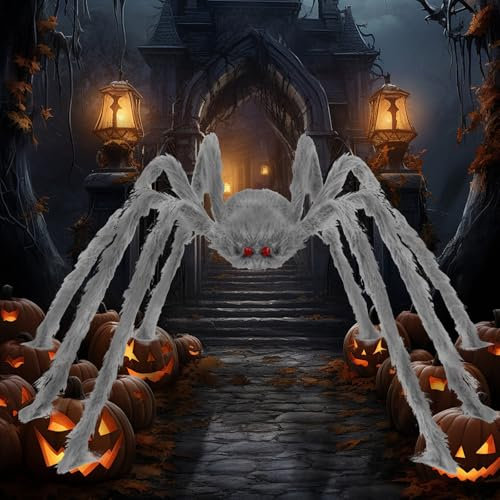 Kinyoda Halloween Deko Outdoor Spinne Groß Riesenspinne 150cm Gruselige Spinnen Garten Horror Dekorations, Gruselige Dehnbares Riesen Spinne für Hof, Terrasse, Rasen, Garten, Fenster, weiß grau