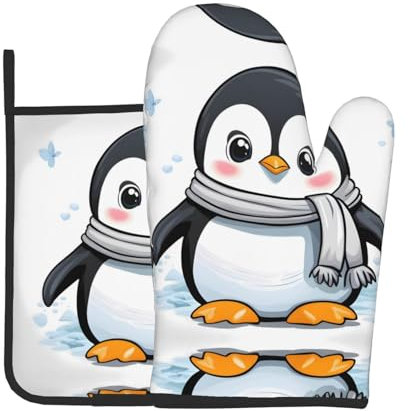 YYHWHJDE Ofenhandschuhe und Topflappen mit niedlichem Pinguin-Muster, Set mit 2 Stück, zum Backen von Topfdeckeln in der Küche und zum Transportieren von Geschirr aus der Mikrowelle