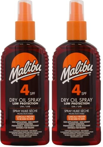 Malibu Low Protection Water Resistant Non-Greasy Dry Oil Sun Spray SPF 4, 200ml, Clear (Pack of 2)