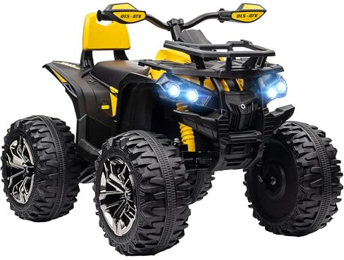 HOMCOM 12V Quad Bike, Battery Powered Ride on ATV with LED Lights, Music, Backrest, Forward, Backward, Electric Vehicle Toy Car for Kids, Yellow
