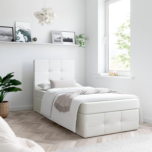 Generisch Boxspringbett MERA Premium MINI mit Bettkästen, OHNE Topper, Einzelbett, Stauraum (Kunstleder Weiss: MADRYT 120, 90x200 cm)