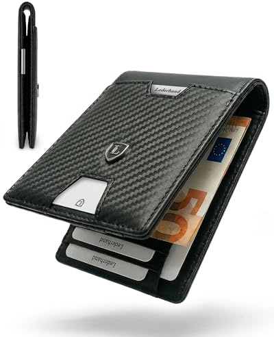 Lederhand® iSlim Wallet - Glattleder Geldbeutel mit Geldklammer und Münzfach, 9 Kartenfach Premium Geldbörse - Slim Wallet mit RFID NFC Schutz - Farbe Carbon