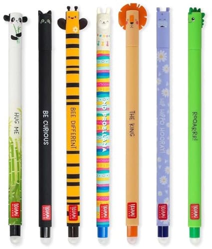 Legami – Set aus 7 radierbaren Gelstiften mit wärmeempfindlicher Tinte, in verschiedenen Farben und mit Motivdesigns, 0,7 mm Spitze, mit Panda, Katze, Biene, Lama, Löwe und mehr