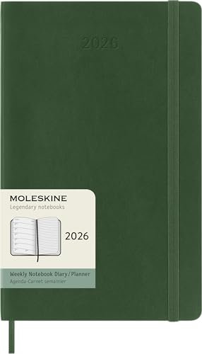 Moleskine Wochenplaner, Wochenagenda 2026 12 Monate mit Platz für Notizen, mit weichem Einband und Gummibandverschluss, Großformat 13x21, Farbe Grün
