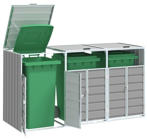 Cinyiqo Wheelie Bin Storage for Triple Bins Grey 216x81x115 cm Steel-Garden Wheelie Bin Hideaway Waste Bin,Storage Shed w/Locking Doors Assisted lift up Lid easy use Outdoor Hygienic Dustbin Unit Cove