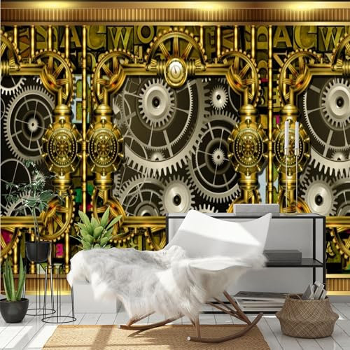 Golden-Framed Gears with Colorful Text - Custom Size Wall Murals Self-Adhesive Removable Large Photo Wallpaper for Living Room, Bedroom, Bathroom, Office, Dining Room, Children's Room