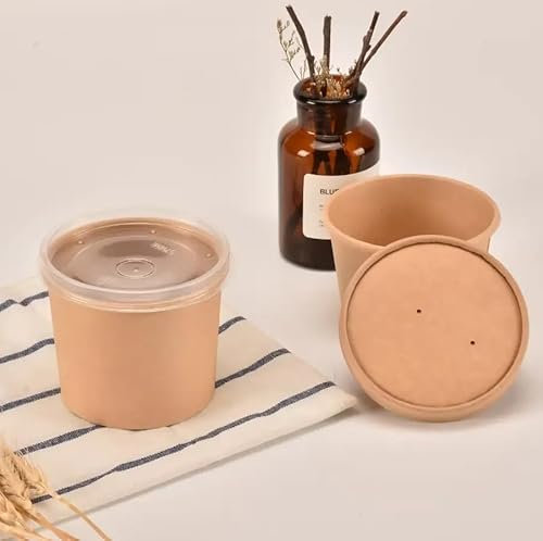 Arredo Chef Bol à Soupe en Carton kraft, Pot en papier, Gobelet pour Crème Glacée, Bol jetable Étanche et Résistant à la Chaleur lot de 50 pièces (380 ML, Couvercle en PP)