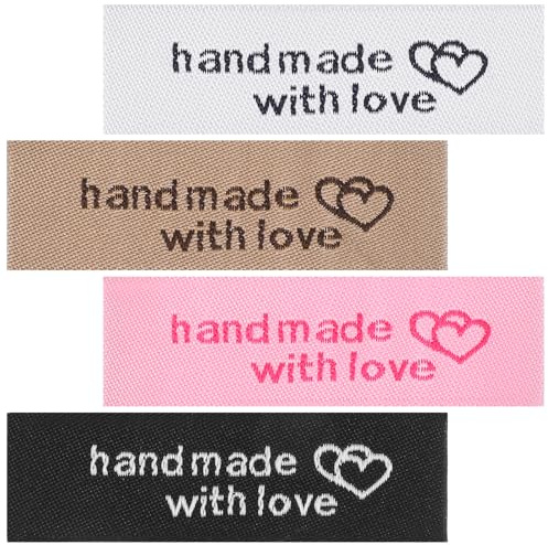 Ymapinc 160 Stück Liebe Handmade Label zum Annähen Etiketten,Personalisierte Labels zum Annähen für Kleidung Handmade Label Häkelzubehör(Weiß Schwarz Braun Rosa)