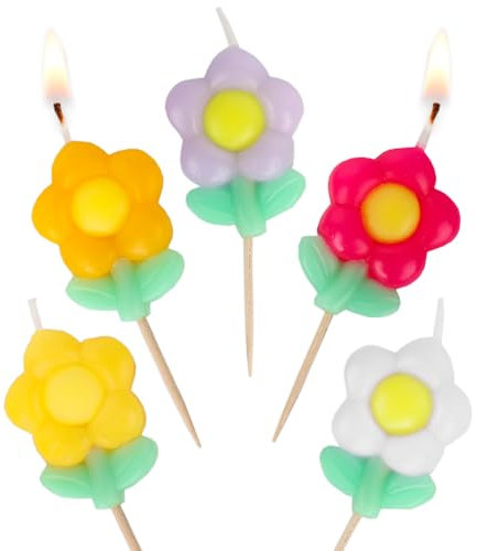 Talking Tables 5 Velas De Cumpleaños Con Diseño De Margaritas Para Tartas Decoración De Tartas Velas Florales Coloridas 4 Cm De Altura Embalaje Reciclado