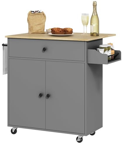 HOMCOM Kücheninsel mit klappbarem Flügel Küchenwagen Küchenschrank mit Rädern 2 Türen Gewürzschublade Handtuchhalter und verstellbares Regal 106x42x87 cm Grau und Eiche