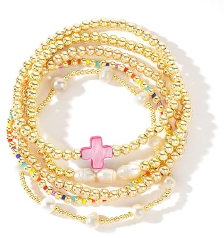 SHINUS BOHO 14K Gold Pearl Beaded Cross Bracelets Stack Set for Women,Stretch Pink Beads Ball Jewelry Friendship Summer Vacation Outfit Trendy Stocking Stuff Birthday Gift