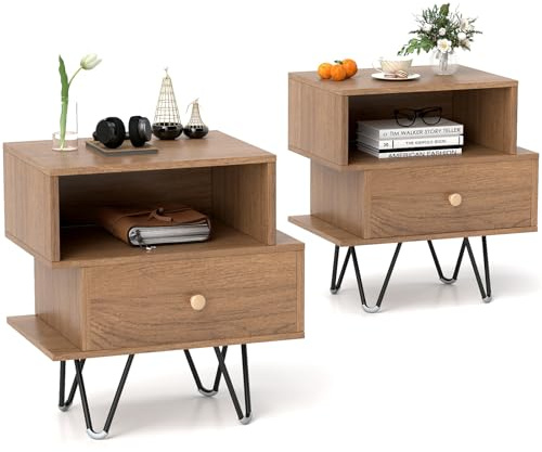 GIANTEX 2er Set Nachttisch, Nachtschrank mit Schublade & offenem Fach, Beistelltisch Sofatisch Holz mit 4 Metallstützbeinen, Nachtkommode Nachtkonsole für Schlafzimmer, 44 x 29 x 47 cm (Natur)