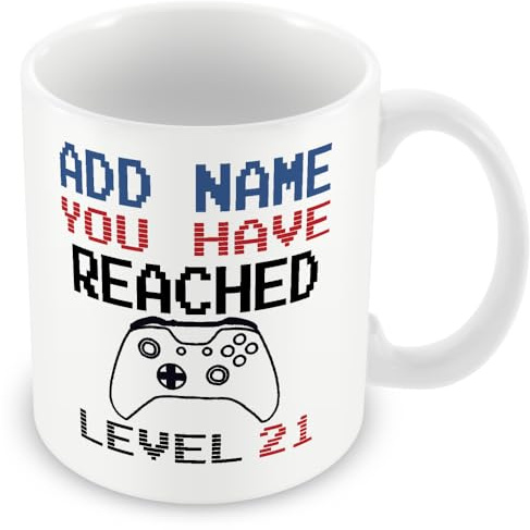 MUGGZ -21st Birthday Personalised Gamer Mug (11oz) Xbox Style - You Have Reached Level Custom LevelUp Mug Gift for Men/Women- Add Any Name - Novelty Video Game Controller Design Gifts for Him or Her