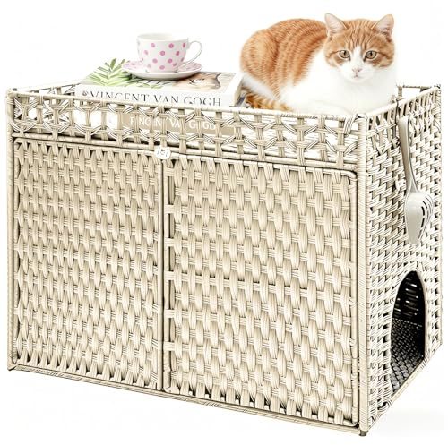 Homegroove Katzenschrank für Katzentoilette - Verstecktes Katzenklo Möbel aus Handgeflochtenem Rattan mit Weicher Matte, Multifunktionaler Schrank als Beistelltisch für Wohnzimmer (Kamel)