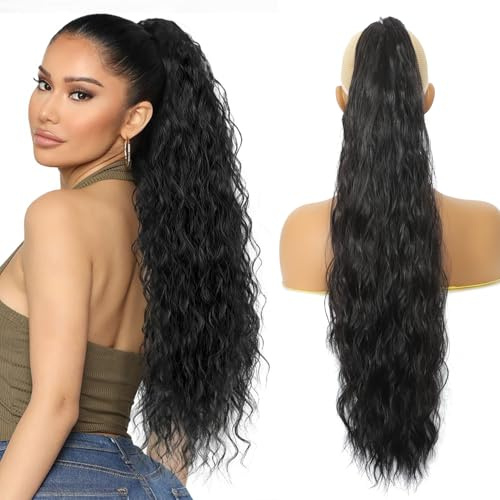 Ponytail Extension, 24 Inch Drawstring Ponytail Hair Extensions for Women, Long Curly Wavy Ponytail Natural Wavy Synthetic Hairpiece for Women(Black Brown, 24 Inch)