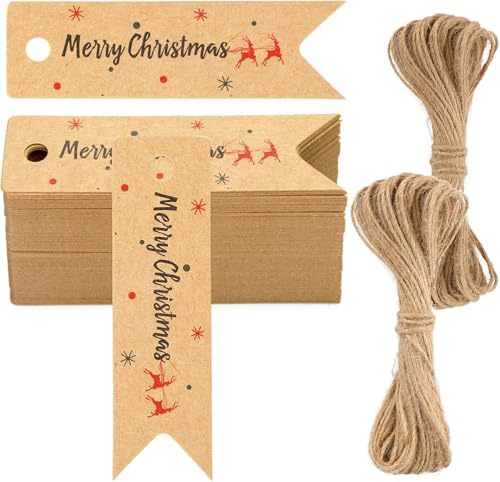 G2PLUS Small Merry Christmas Tags, 2 x7 cm Brown Christmas Lables for Pesents, 100PCS Xmas Gift Tags with String for Gift Wrapping Decoration