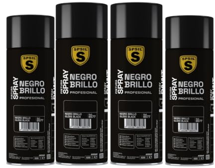 SPSIL Pintura Spray Brillante Negro Brillo(pack of 4) 400ml, Metal Secado RápidoPintura Profesional Interior Exterior, Aplicación Fácil en Madera Plástico, DIY Decoración Muebles Automóviles