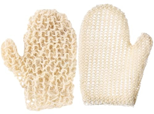 Peelinghandschuhe 2 Stück aus Sisal in Beige für Baden | Wiederverwendbar, Schäumt Kräftig mit Duschgel, Modernes Paarformat für Erwachsene