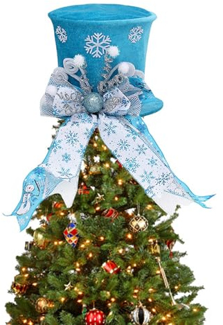 Fictory Puntale per albero di Natale, cappello di Babbo Natale blu con fiocco pieghevole a molla, puntale per albero di Natale per decorazioni natalizie