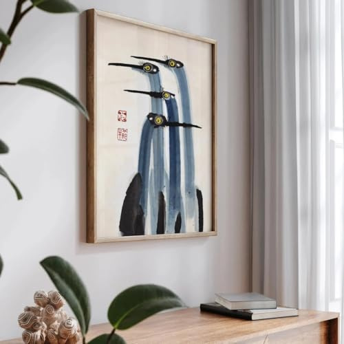 BPJSTU Japanisches antikes Kranich-Leinwanddruck-Poster Vintage Japandi Bauernhaus Kunstdrucke Schlafzimmer Wandkunst Heimdekorationsposter (60x80cm/Rahmenlos)