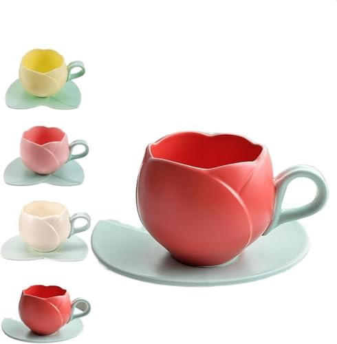 Uzuustrar Juego de tazas de café Tulip de 300ml, taza rosa de cerámica con platillo, for cócteles de jugo de té y café, mango ergonómico(rojo)