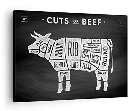 Bilder auf Leinwand Kuh Rindfleisch Kochen Grafik Leinwandbild 70x50cm Wandbilder Dekoration Wohnzimmer Schlafzimmer Küche Deko Klein Wanddeko Bild Wand Kunstdruck Art Wall Decor Canvas AA70x50-3156