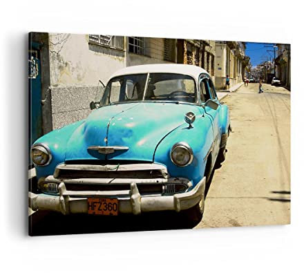 Bilder auf Leinwand 100x70cm Leinwandbild Auto Klassiker Kuba Havanna Groß Wanddeko Bild Schlafzimmer Küche Deko Wandbilder Dekoration Wohnzimmer Wall Decor Canvas Wand Kunstdruck Art AA100x70-1401