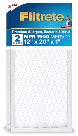 Filtrete 12x20x1 AC Furnace Air Filter, MERV 13, MPR 1900, Premium Allergen, Bacteria & Virus Filter, 3-Month Pleated 1-Inch Electrostatic Air Cleaning Filter, 2-Pack (Actual Size 11.81x19.81x0.78 in)