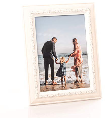 Barock Bilderrahmen für DIN A5 / 15x21 cm Fotos - Vintage Fotorahmen in Weiß mit Echtem Glas für Schöne Momente | Freistehender Holzrahmen geeignet für Tisch- oder Wandmontage, Hoch- & Querformat