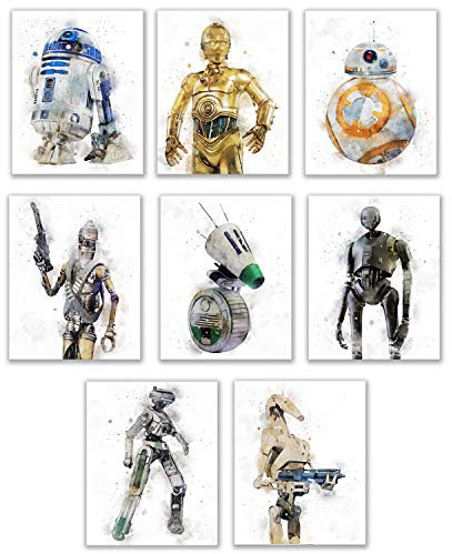 Star Wars Droids Prints – Star Wars Wandkunst, Starwars-Poster für Wände, Aquarell-Wanddekor-Fotos, R2D2, C3PO, BB8, K-2SO BB-9E, Kampfdroiden, ungerahmt, 8 Stück (20,3 x 25,4 cm)