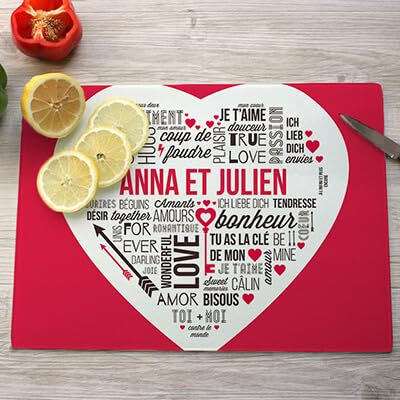CADEAUX.COM - Planche à Découper Personnalisable en Verre + Couteau en Acier - Mots d'amour - Idée Cadeau Personnalisé Avec Prénom et Message