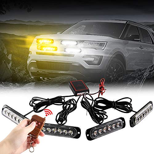 4x6 LED Voiture D'urgence Stroboscopique Balise S'allume 4 en 1 Montage en Surface Grill Lumière Avertissement Lumière Externe Avec Télécommande Sans fil Pour Camion Remorque DC12V Ambre&Blanc