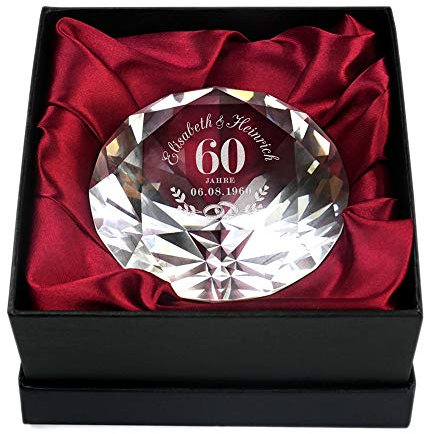 Casa Vivente Diamantförmiger Kristall aus Glas mit Gravur zum Jubiläum, Personalisiert mit 2 Namen und Datum, Geschenk zum Hochzeitstag, Geschenke für Paare