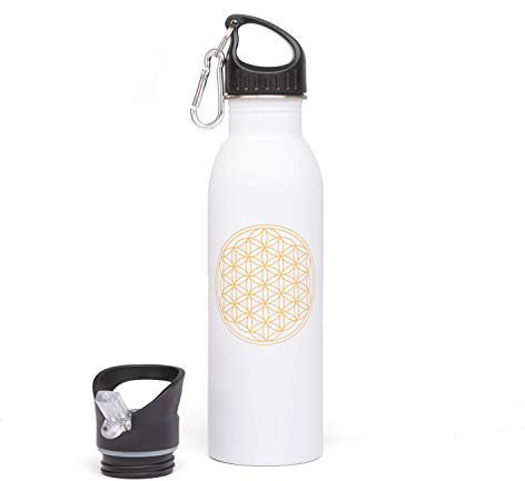 Bodhi Edelstahl-Trinkflasche, superleicht, bunt bedruckt mit farbenfrohen Design-Motiven, 700 ml, inkl. Karabiner-Deckel und Sport-Top, für Sport, Reise und Freizeit (Blume des Lebens, weiß)