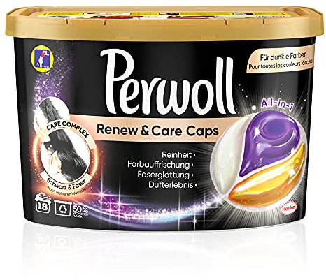 Perwoll Renew & Care Caps Schwarz & Faser Waschmittel (18 Wäschen), sanft reinigende All-in-1 Waschmittel Caps zur Farbauffrischung und Faserglättung bei schwarzer & dunkler Wäsche