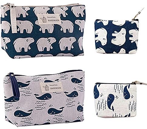 4 Stück Segeltuch Kosmetiktasche, Münzbeutel mit Reißverschluss, Süße Bleistift Tasche, Leinwand Federmäppchen, Waschtasche, Reise Kosmetiktaschen, für Kleine Gegenstände, 2 Größe (Wal + Eisbär)