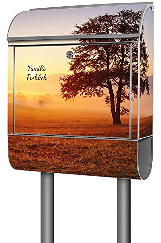 banjado® Briefkasten mit Standfuß personalisierbar Motiv Sonnenaufgang - Stand Briefkasten mit Zeitungsfach pulverbeschichtet aus Stahl Silber - Postkasten A4 Einwurf inkl. 2 Schlüssel