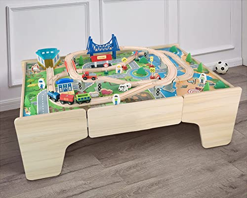 Hooga Wooden Kids Activity Table with 80 Piece Train Track Toy Set | 2-in-1 Multi Usage Kids Activity Set, Wooden Track
