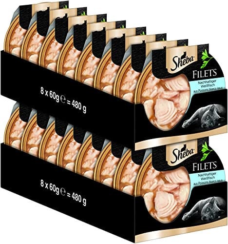 SHEBA Filets - Feinstes Katzennassfutter - 16 x 60g Schalen - mit nachhaltigem Weissfisch - Nassfutter für Katzen - Großpackung