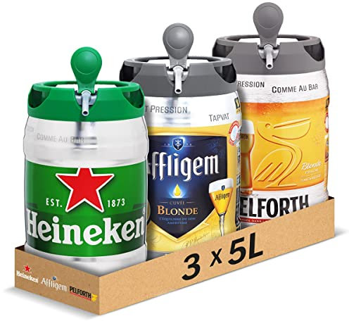 Heineken, Affligem, Pelforth - Pack de 3 Fûts 5L - Bières Blondes 6,7°et 5,8° - Compatible Tireuse BeerTender, Utilisable sans Machine , pour Domicile