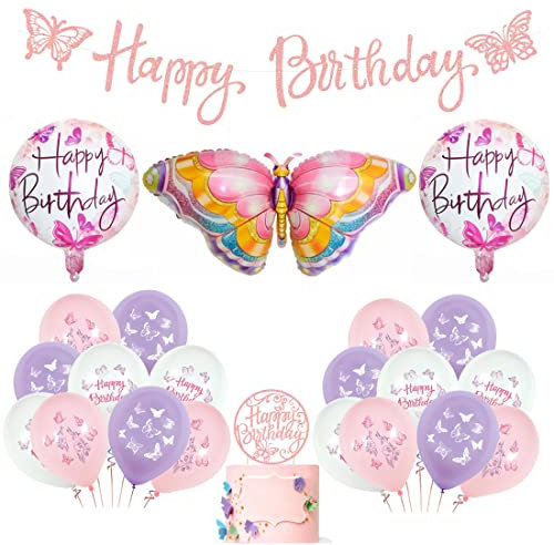 HGSHUO Schmetterlings Geburtstagsdeko Insekt Luftballons Alles Gute Zum Geburtstag Girlande Runde Latexballon Schmetterlings Folienballon Tortendeko Geburtstag Deko für Kinder 23 Stück