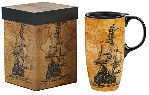 Topadorn Ceramic Mug with Gift Box Coffee Mug Latte Mug with Lid and Handle,17oz. Sailing Ship