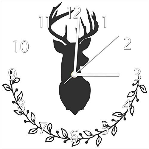 Wallario Design-Wanduhr Schwarze Hirsch Silhouette mit Zweigen - schwarz weiß aus Glas, Motiv-Uhr Größe 30 x 30 cm, weiße Zeiger