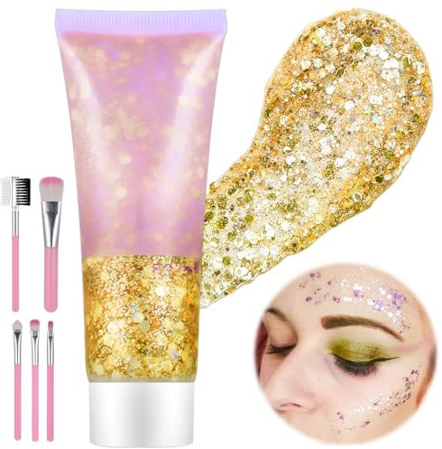 Huiguli Body Glitter Gel, 50ML Face Glitter Body Gel with 5 Pcs Brushes, Mermaid Sequins Chunky Glitter Liquid Gel for Hair, Nail, Body, Face, Eye, DIY Art, Party, Make up Decoration (Gold)