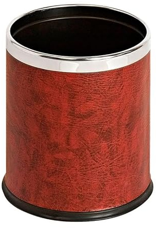 PROREGAL Eleganter doppelwandiger Papierkorb in Lederoptik | 10 Liter, HxØ 27,5x22,5cm | Rand aus mattem Edelstahl | Bordeaux